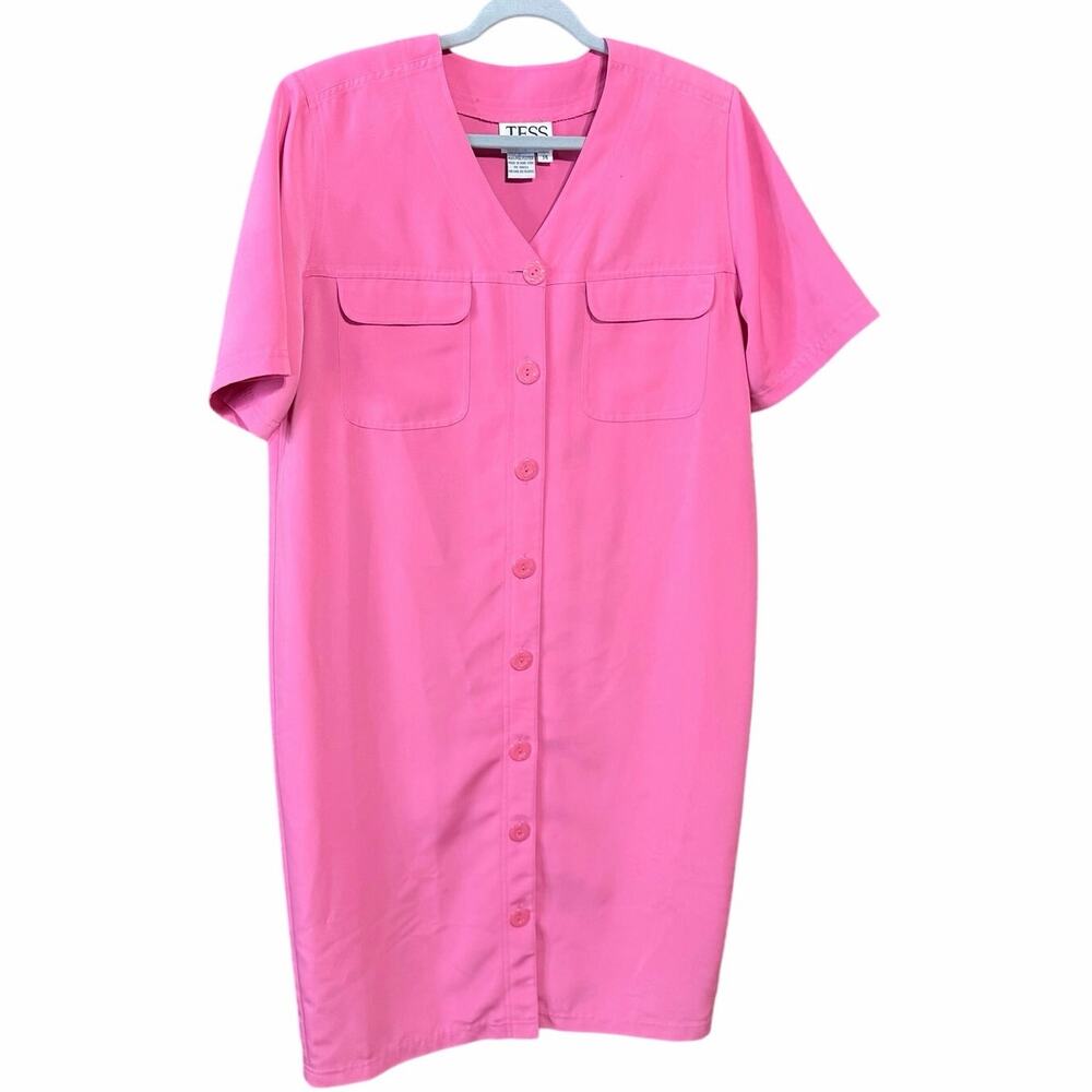 Vintage 1980s Barbie pink button front shirt dress size 14 Hong Kong Tess artsy